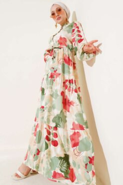 Belted Buttoned Patterned Dress