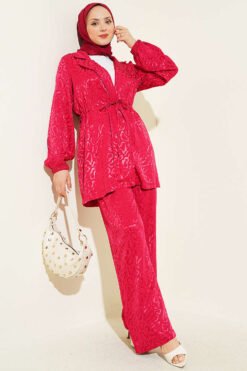 Belted Leopard Jacquard Two-Piece Set Burgundy