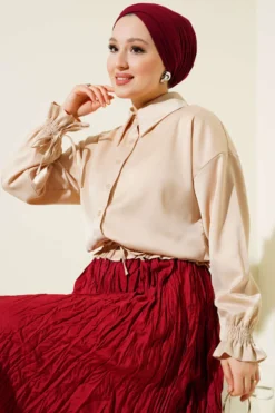 Elastic Waist and Cuff Satin Shirt Beige