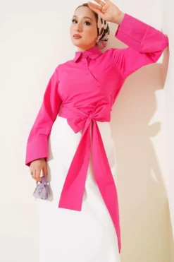Short Shirt with Belted Detail Fuchsia بالجملة shirt - Hicabistan مصنع تركيا