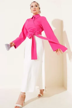 Short Shirt with Belted Detail Fuchsia بالجملة shirt view 2 - Hicabistan مصنع تركيا