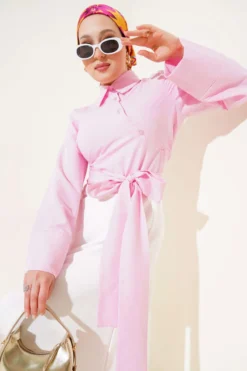Short Shirt with Belted Detail Pink بالجملة shirt - Hicabistan مصنع تركيا