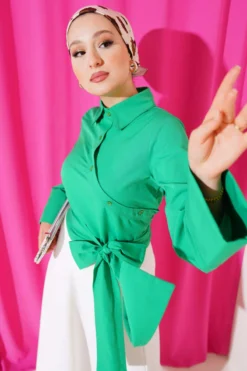 Short Shirt with Belted Detail Green بالجملة shirt - Hicabistan مصنع تركيا