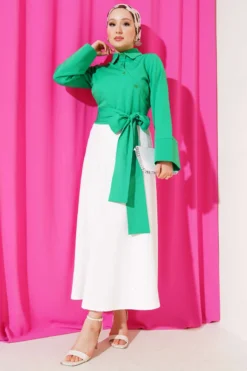 Short Shirt with Belted Detail Green بالجملة shirt view 2 - Hicabistan مصنع تركيا