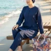 Ruffled Waist Three-Piece Swimsuit Set Navy Blue