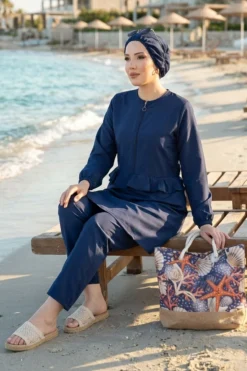 Ruffled Waist Three-Piece Swimsuit Set Navy Blue