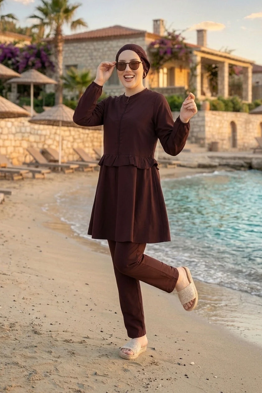 Ruffled Waist Three-Piece Swimsuit Set Plum - immagine 3