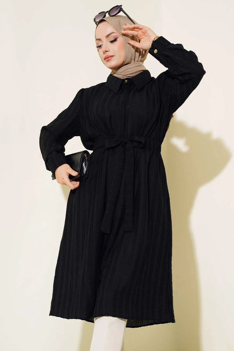 Belted Tunnel Tie Long Tunic Black
