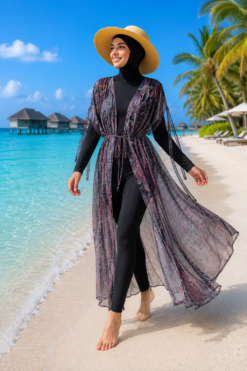 Adjustable Waist Printed Chiffon Long Pareo Burgundy