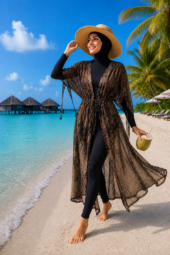 منظر بديل لـ Adjustable Waist Printed Chiffon Long Pareo Khaki