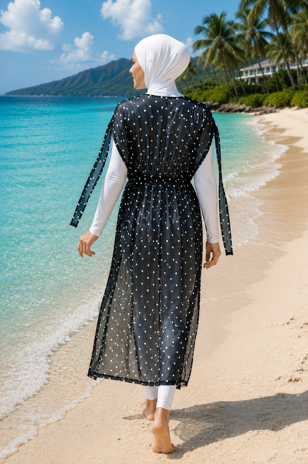 Adjustable Waist Printed Chiffon Long Pareo Black wholesale burkini view 3 - Hicabistan Turkey factory