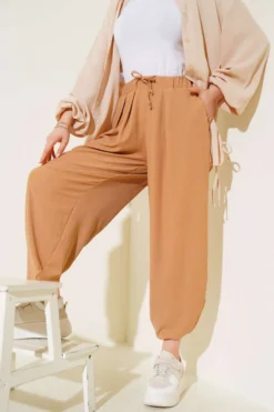 Drawstring Waist Harem Pants Camel