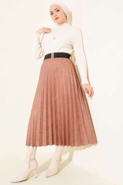 Belted Elastic Pleated Skirt بالجملة skirt view 2 - Hicabistan مصنع تركيا