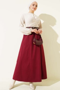 Elastic Waist Basic Flared Skirt Burgundy Großhandel skirt view 2 - Hicabistan Türkei Fabrik