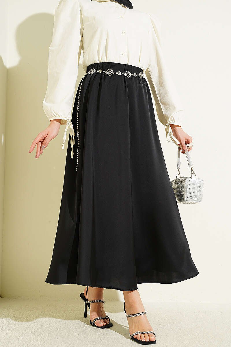 Elastic Waist Basic Satin Skirt Black all'ingrosso skirt - Hicabistan fabbrica Turchia