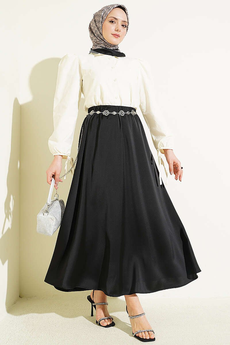 Elastic Waist Basic Satin Skirt Black all'ingrosso skirt view 2 - Hicabistan fabbrica Turchia