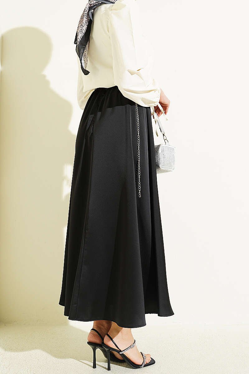 Elastic Waist Basic Satin Skirt Black all'ingrosso skirt view 3 - Hicabistan fabbrica Turchia