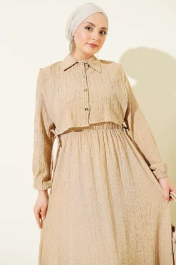 Alternative view of Elastic Waist Tree Bark Dress Beige