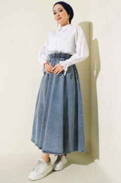 Elastic Waist Pocket Flared Denim Skirt Blue wholesale skirt view 2 - Hicabistan Turkey factory