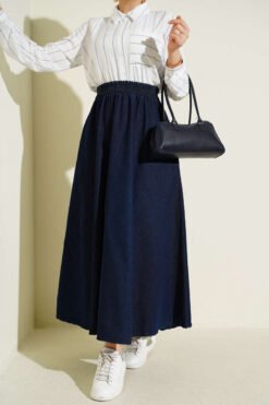 Elastic Waist Pocket Flared Denim Skirt Navy Blue wholesale skirt - Hicabistan Turkey factory