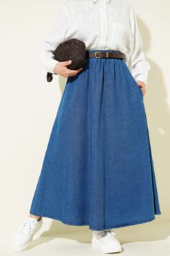 Elastic Waist Pocket Flared Denim Skirt Blue wholesale skirt - Hicabistan Turkey factory