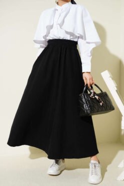 Elastic Waist Pocket Flared Denim Skirt Black wholesale skirt - Hicabistan Turkey factory