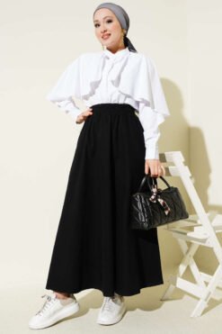 Elastic Waist Pocket Flared Denim Skirt Black wholesale skirt view 2 - Hicabistan Turkey factory