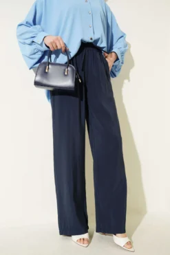 Elastic Waist Pocket Modal Trousers Navy Blue