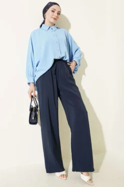 منظر بديل لـ Elastic Waist Pocket Modal Trousers Navy Blue