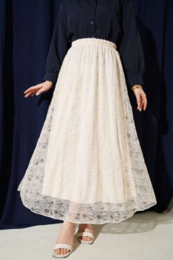 Elastic Waist Floral Lace Skirt Beige wholesale skirt - Hicabistan Turkey factory