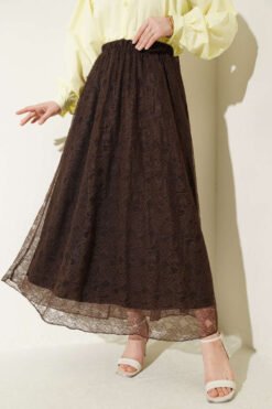 Elastic Waist Floral Lace Skirt Brown wholesale skirt - Hicabistan Turkey factory