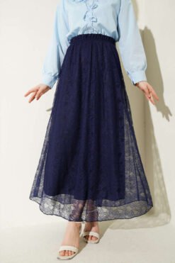 Elastic Waist Floral Lace Skirt Navy Blue groothandel skirt - Hicabistan Turkije fabriek