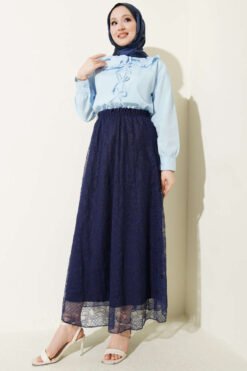 Elastic Waist Floral Lace Skirt Navy Blue groothandel skirt view 2 - Hicabistan Turkije fabriek