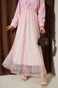 Elastic Waist Floral Lace Skirt Powder Pink groothandel skirt - Hicabistan Turkije fabriek