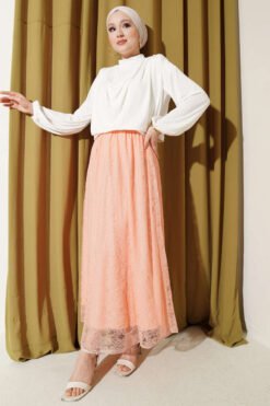 Elastic Waist Floral Lace Skirt Salmon groothandel skirt view 2 - Hicabistan Turkije fabriek