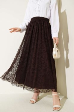 Elastic Waist Floral Tulle Skirt Brown