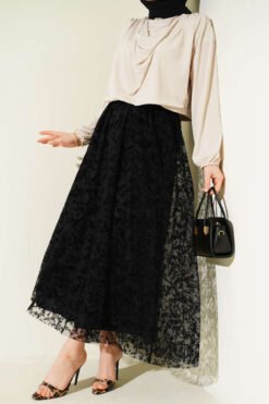 Elastic Waist Floral Tulle Skirt Black groothandel skirt - Hicabistan Turkije fabriek