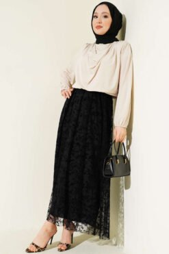 Vista alternativa de Elastic Waist Floral Tulle Skirt Black
