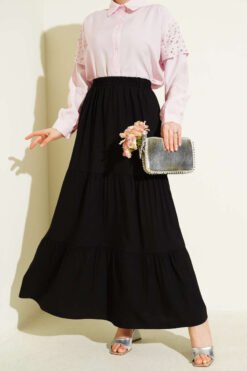 Elastic Waist Double Layer Skirt Black wholesale skirt - Hicabistan Turkey factory