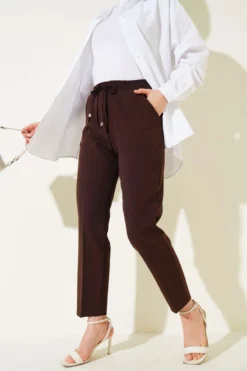 Elastic Waist Slim Fit Trousers Brown