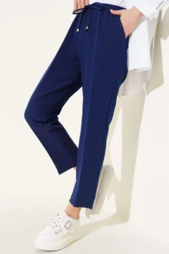 Elastic Waist Slim Fit Trousers Navy Blue