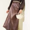Elastic Waist Plain Satin Skirt Brown