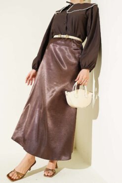 Elastic Waist Plain Satin Skirt Brown wholesale skirt - Hicabistan Turkey factory
