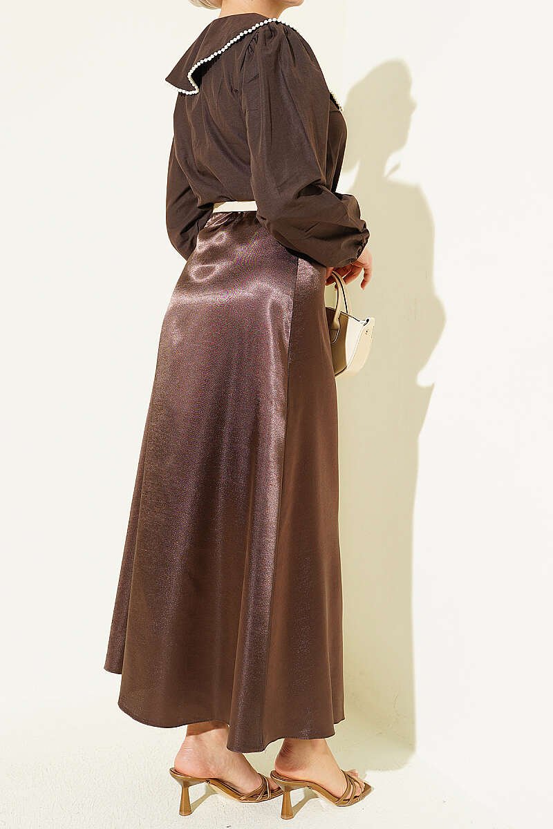 Elastic Waist Plain Satin Skirt Brown - Afbeelding 3