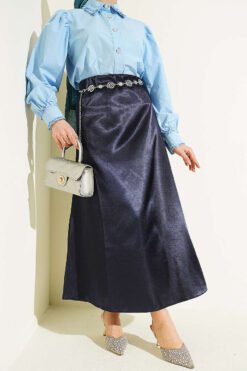 Elastic Waist Plain Satin Skirt Navy Blue