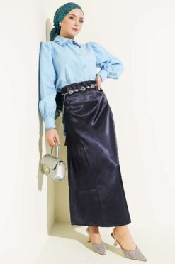 Alternatieve weergave van Elastic Waist Plain Satin Skirt Navy Blue