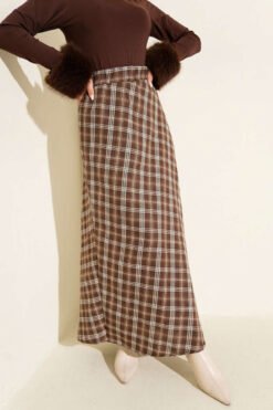 Elastic Waist Checked Basic Skirt Brown en gros skirt - Hicabistan usine Turquie