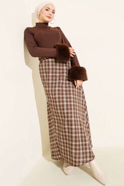 Elastic Waist Checked Basic Skirt Brown en gros skirt view 2 - Hicabistan usine Turquie