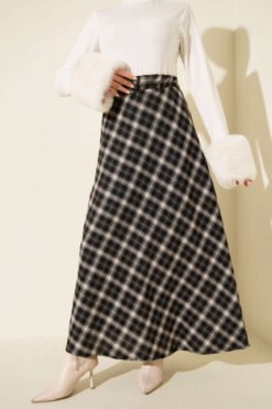 Elastic Waist Checked Basic Skirt Black en gros skirt - Hicabistan usine Turquie