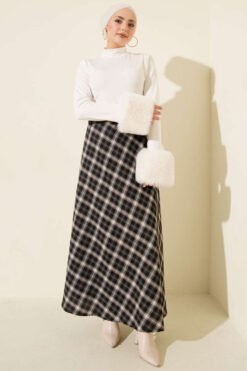 Elastic Waist Checked Basic Skirt Black en gros skirt view 2 - Hicabistan usine Turquie